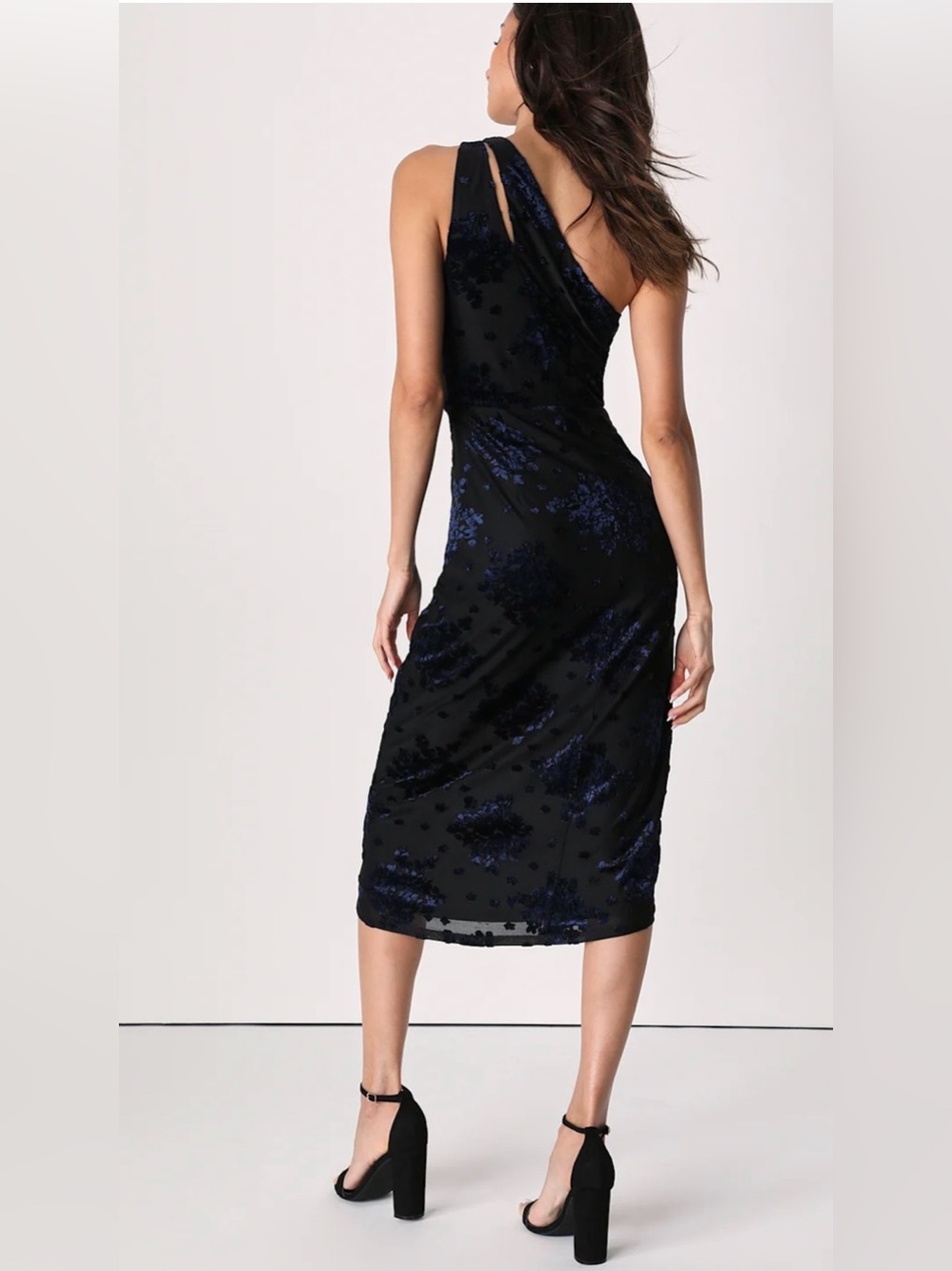Lulu's Black One-Shoulder Sequin Midi Dress with Navy Accents - Picture 3 of 16